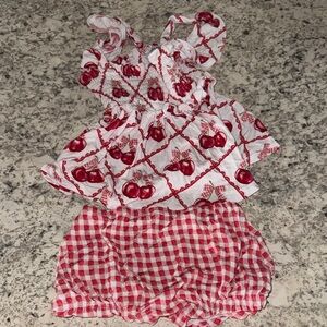 Posh Peanut Cheryl Cherry Baby Girl Summer Set- Gingham Red and cherries 6-12 m